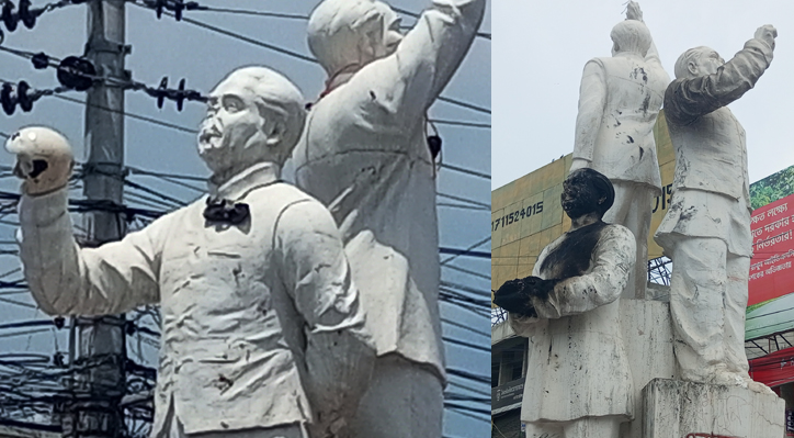 কুষ্টিয়ায় বঙ্গবন্ধুর ম্যুরালের গলায় স্যান্ডেল পরিয়ে আন্দোলনকারীদের উল্লাস