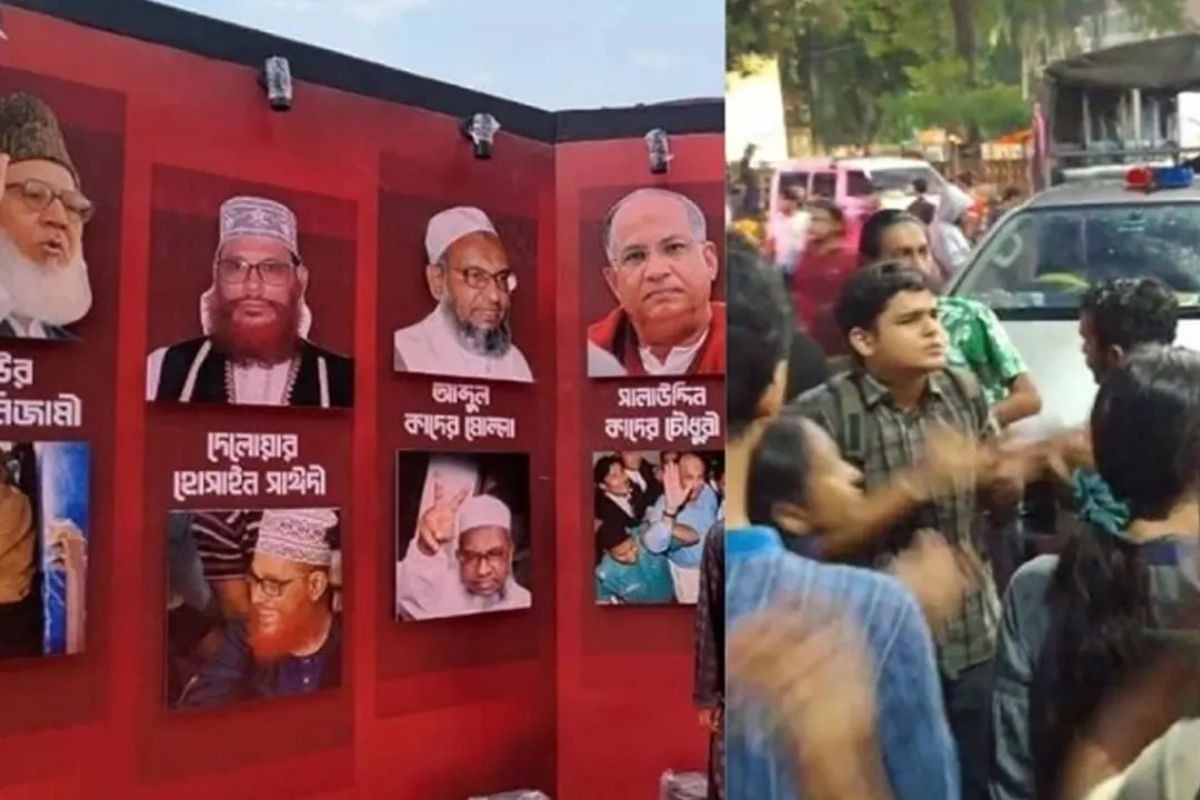টিএসসিতে শিবিরের প্রদর্শনীতে নিজামী-সাঈদী-সাকার ছবি, বামদের বিক্ষোভ