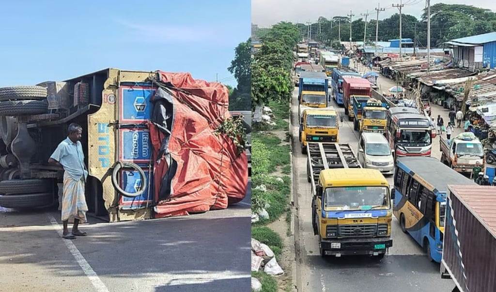 সীতাকুণ্ডে ১১ ঘণ্টা ধরে মহাসড়কে উল্টে আছে ট্রাক দীর্ঘ যানজট 1755604725 সীতাকুণ্ডে ১১ ঘণ্টা ধরে মহাসড়কে উল্টে আছে ট্রাক, দীর্ঘ যানজট