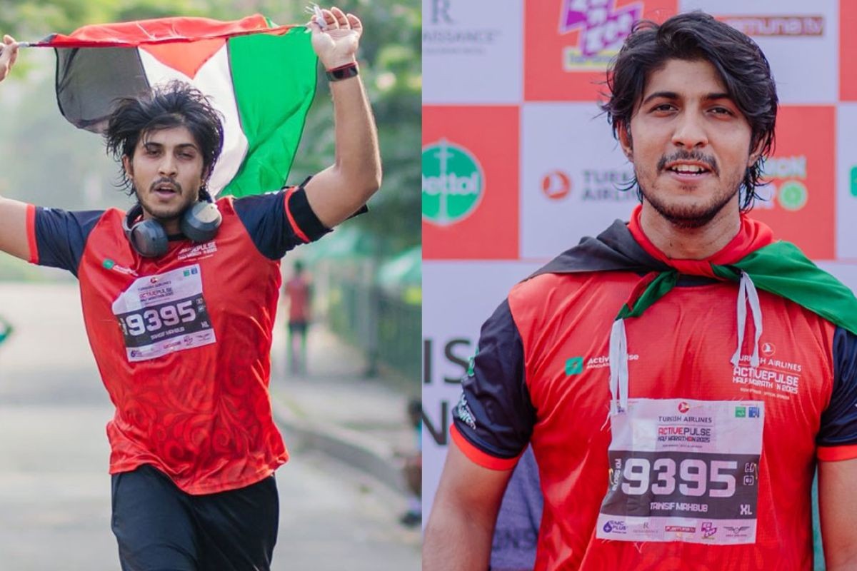 ফিলিস্তিনের পতাকা হাতে নিয়ে দৌড়ালেন তৌসিফ মাহবুব