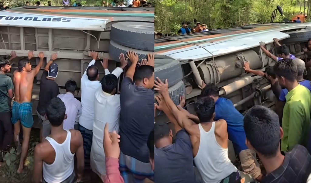 গাছের ধাক্কায় বাস উল্টে আহত কয়েকজন গাছের ধাক্কায় বাস উল্টে আহত কয়েকজন